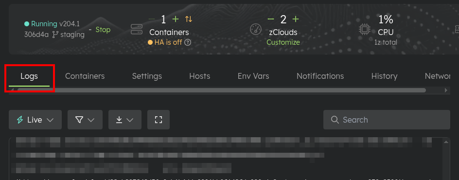Logs tab interface